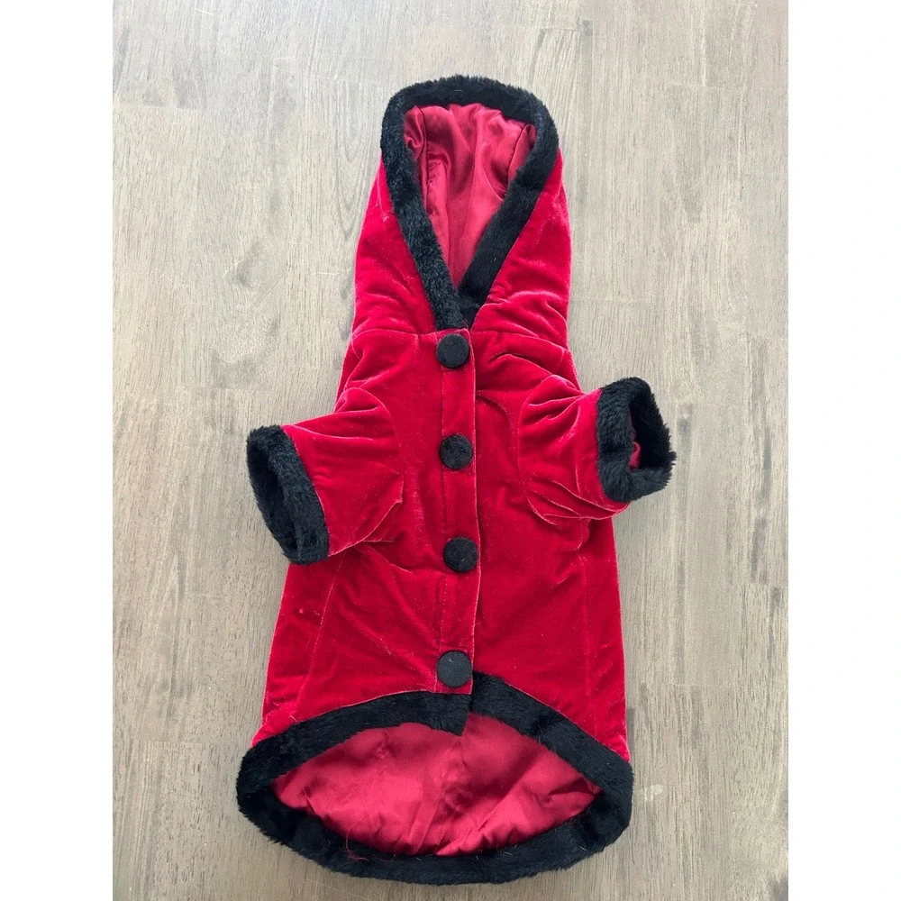 Pet Red Velvet Gold Embroidered Hooded Coat Faux Fur Trim Medium